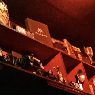 a shelf with various items on it