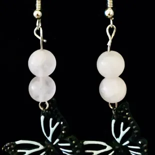 Beautiful black and blue butterfly with rose quartz earrings