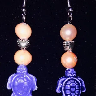 Ceramic blue Sea turtles with metal heart beads and pearls on fishhook back earrings