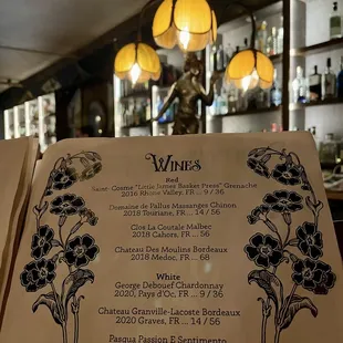 a menu for a wine bar