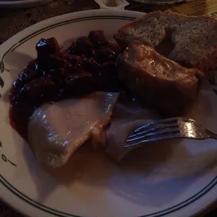 My second plate of food. It was dark in there but hopefully you can see the pierogie, beef and piggie (cabbage roll).