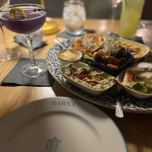 Mezza Sampler! Yummy pita not pictured but it was all very good! Drinks: Lavender Martini &amp; Garden of Gibraltar