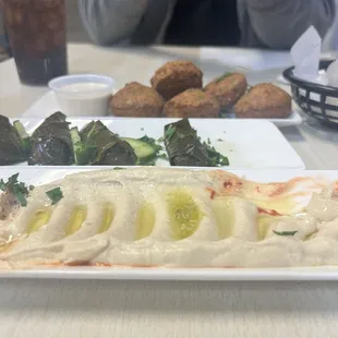 Hummus, grape leaves, falafel