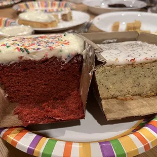 Red velvet cake, lemon poppy cake