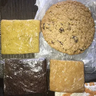 Top Left: daiquiri bar, TR: oatmeal raisin cookie, BL: fudge brownie, BR: butter cake bar