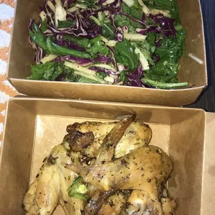 $5 each on special - bitter green salad with sweet honey poppy seed dressing and four lemon pepper wings