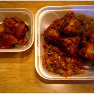 Grilled chicken with plaintain! Four of chicken quarters for a single serving! What can beat that!?