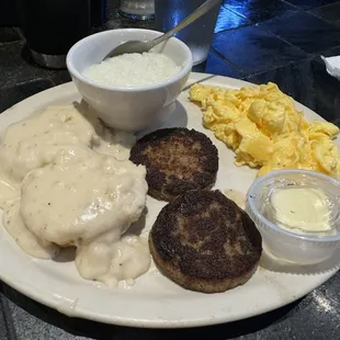 Breakfast- eggs, sausage, grits and biscuit and gravy sub for toast