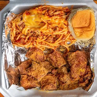 Pork chop bites with spaghetti!!