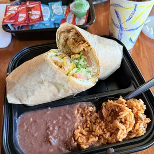Shrimp and oyster po-boy with jambalaya and red beans