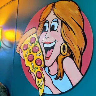 Cartoon lady smiling with a big slice of pizza
