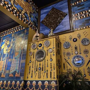 a yellow and blue kitchen