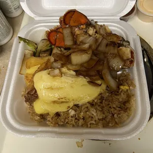 a meal in a styrofoam container