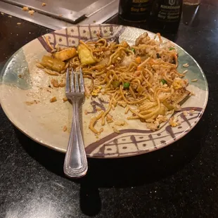 dinner with noodles, rice, veggies, and other things