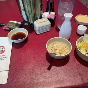 Soup, salad and hot sake to start