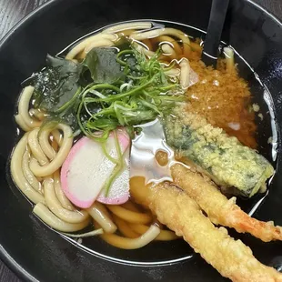 Udon Noodles with Shrimp Tempura.