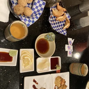 Sesame balls, Gyozas, Tempura California Rolls