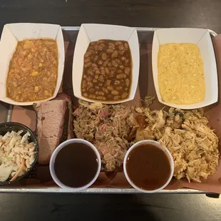 **BRUNSWICK STEW 5oz **BAKED BEANS 5oz **DAS CREAM CORN 5oz **COLESLAW 5oz **BRISKET 1/2 LB **PORK 1/2 LB **CHOPPED CHICKEN 1/2 LB