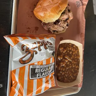 Brisket sandwich with baked beans