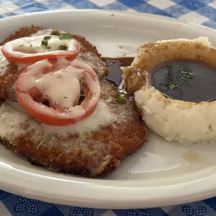 Swiss Schnitzel with mashed potatoes and gravy. So tasty!