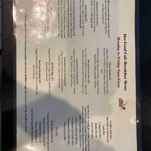 Breakfast menu