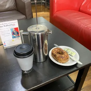 French Press and pumpkin bagel.