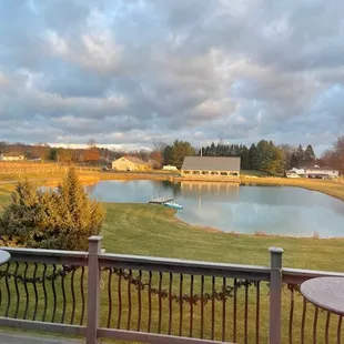 a view of a lake from a deck