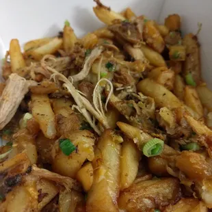 Krazy fries - so good, topped with scallions, cheese and a protein (in this case, chicken)