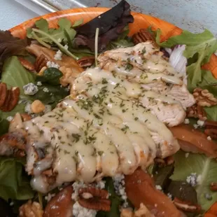 Caramel apple chicken salad with maple-bacon vinegarette dressing