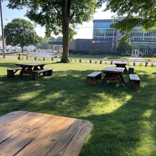 picnic tables in a park