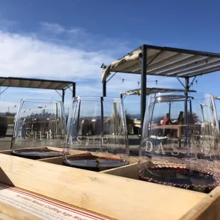 wine glasses in a wooden box