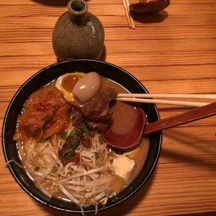 Kimchi ramen dinner with earthy sake