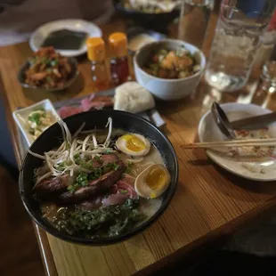 Tonkotsu Ramen, KFC Plate, kimchi, buns of the day