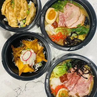 Dashi Ramen, gyoza, and crab rangoon