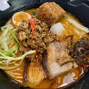 Fiery Triple Pork Ramen (meat lover) -- braised pork belly, ginger ground pork, &amp; crispy pork rib Katsu