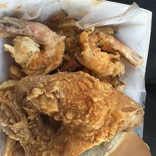 2pc White (Wing &amp; Breast) &amp; 3 shrimp special with fries &amp; a big red for the win (mild seasoning)