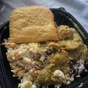 Jamaican beef Patty. Rice. Max n cheese. Jerk chicken