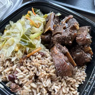 Oxtail, rice &amp; peas, cabbage
