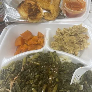 We&apos;d special..mustard greens with rice, yams, cornbread dressing and fried fish. $15.99...DONT DO IT!