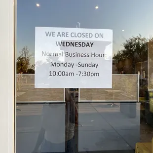 Hours. Closed on Wednesday!