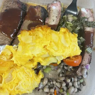 Brisket, ribs, Mac n cheese, collard greens, black eyed peas salad