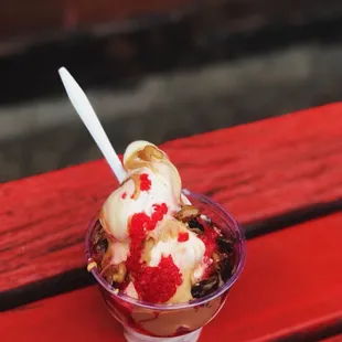 Banana whip with peanut butter, crushed cherries and wet nuts. My fave!!