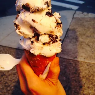 Cookies and cream ice cream with pretzel cone