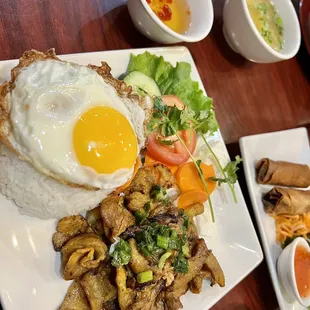 Grilled pork rice plate and Vietnamese egg rolls