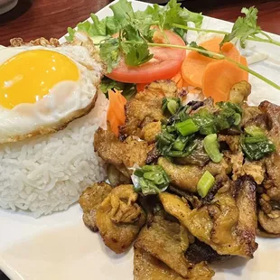 Grilled pork rice plate with egg