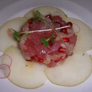 Ahi Tuna poke with pomegranate, Radish and Asian Pear
