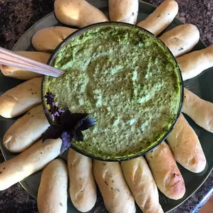 Warm Spinach/Artichoke dip with fresh baked bread sticks