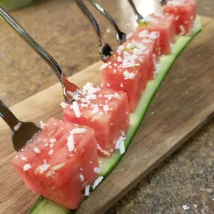 Watermelon bites with cajeta
