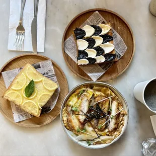honey lemon toast + black sesame cream cheese toast + chicken katsu don + black sesame lattes