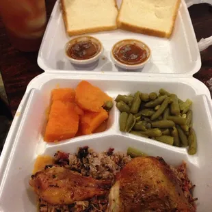 The #1 combo with 2 meats (chicken &amp; chopped beef) and 2 sides (sweet potatoes &amp; green beans)